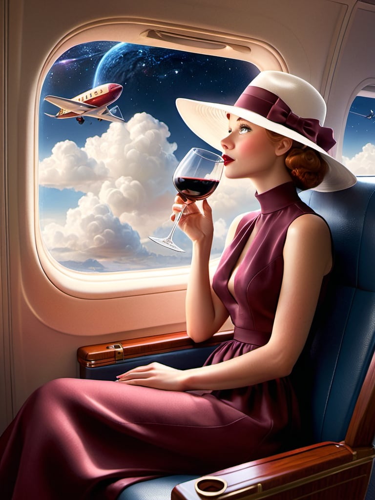 Prompt: a 21-year-old woman in a long flower print Empire Dress with a high neck line and white hat sitting on an airplane seat with a hat on her head drinking red wine,  and ( galaxy))  in the background with a window, Annie Leibovitz, precisionism, promotional image, an art deco painting  drinking red wine,