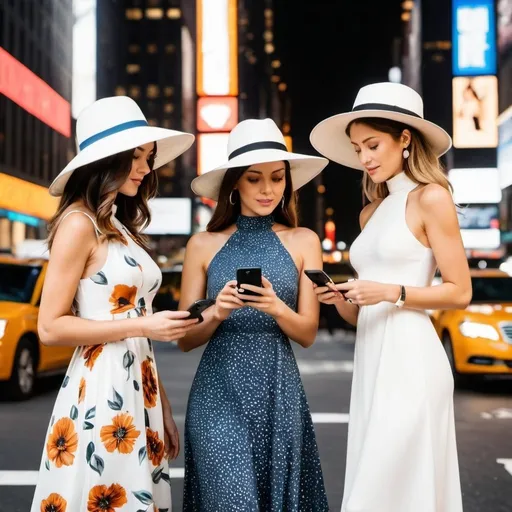 Prompt: three 21-year woman in (( long flower print Empire Dress with a high neck line and white hat))   looking at their phones in ((New York City under UFO attack))  together, one of them is looking at their phone, 