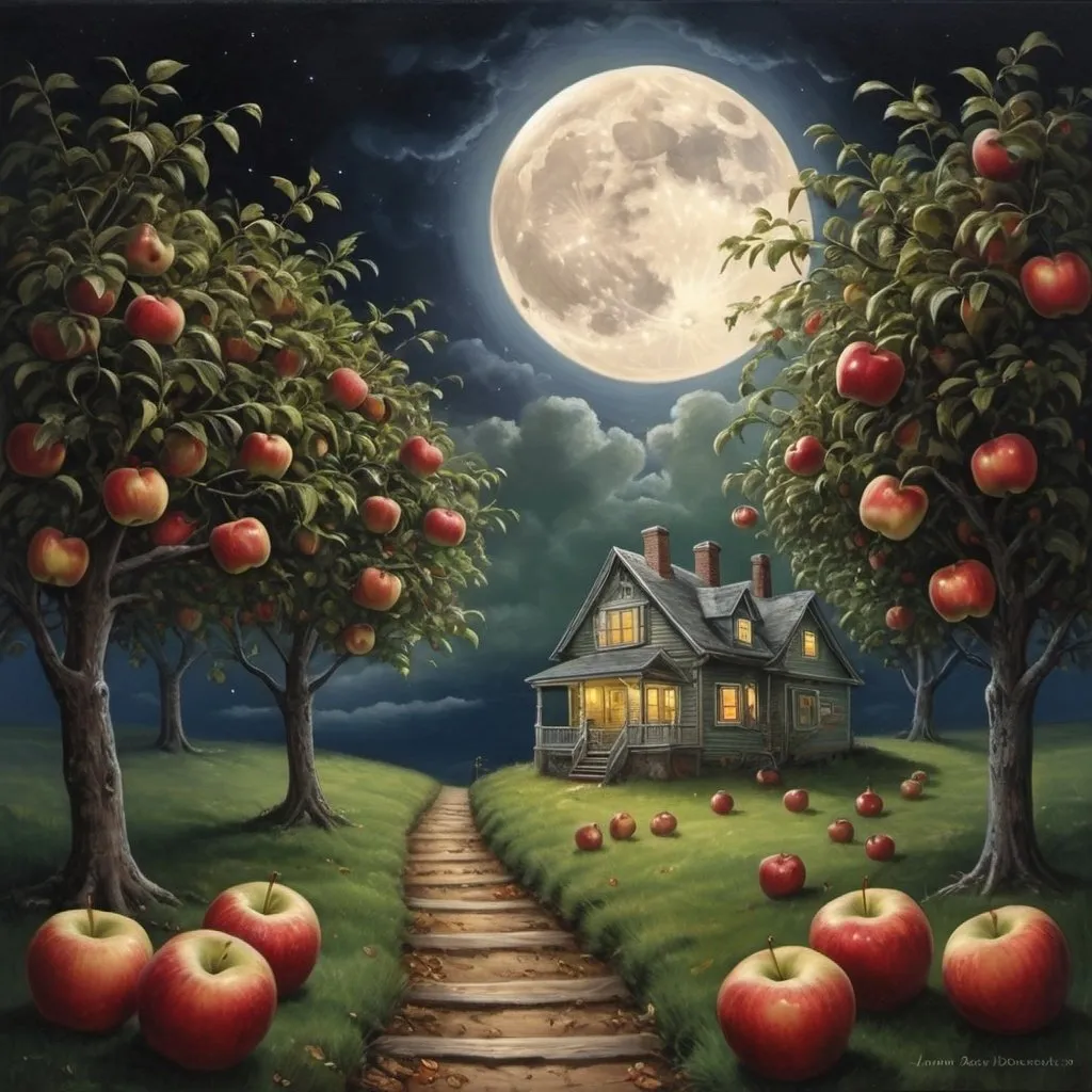 Prompt: Create a UHD, 64K professional oil painting
    At the top of the house the apples are laid in rows,
    And the skylight lets the moonlight in, and those
    Apples are deep-sea apples of green. There goes
     A cloud on the moon in the autumn night.

    A mouse in the wainscot scratches, and scratches, and then
    There is no sound at the top of the house of men
    Or mice; and the cloud is blown, and the moon again
     Dapples the apples with deep-sea light.

    They are lying in rows there, under the gloomy beams;
    On the sagging floor; they gather the silver streams
    Out of the moon, those moonlit apples of dreams,
     And quiet is the steep stair under.

    In the corridors under there is nothing but sleep.
    And stiller than ever on orchard boughs they keep
    Tryst with the moon, and deep is the silence, deep
     On moon-washed apples of wonder


Moonlit Apples

    By John Drinkwater