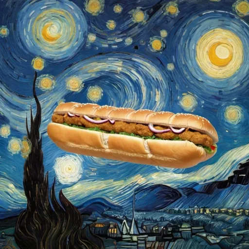 Prompt: A "Po boy" flying on a "magic carpet" in "The Starry Night" by Vincent van Gogh