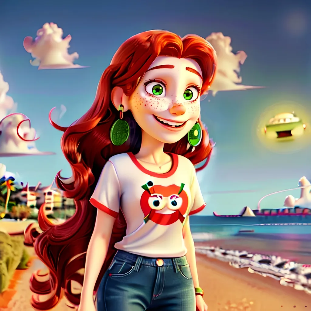 Prompt: photorealistic portrait of a [(27 year-old woman),  (cover with dark freckle), (green eyes), (long ginger hair), (red lipstick), (a smile on her face), ( smiley face earrings), (smiley-face t-shirt), (long blue jean), (red and blue tennis shoes),]on the beach, looking very excited at an attacking UFO