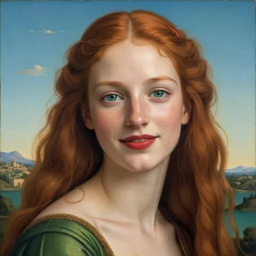 Prompt: a painting of Helen of Troy cover with dark freckle green eyes  long ginger hair red lipstick  on a smile on her face, with a green background and a blue sky, Fra Bartolomeo, academic art, renaissance oil painting, a painting in the style of  Mona Lisa