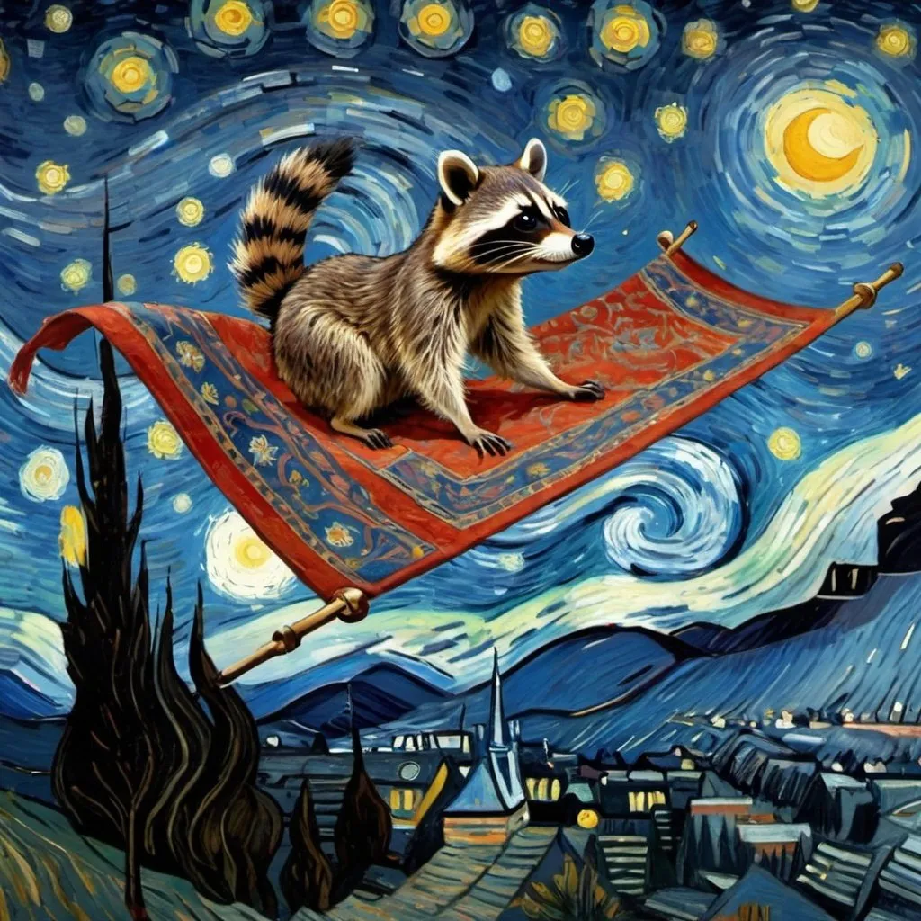 Prompt: A Raccoon flying on a "magic carpet" in "The Starry Night" by Vincent van Gogh