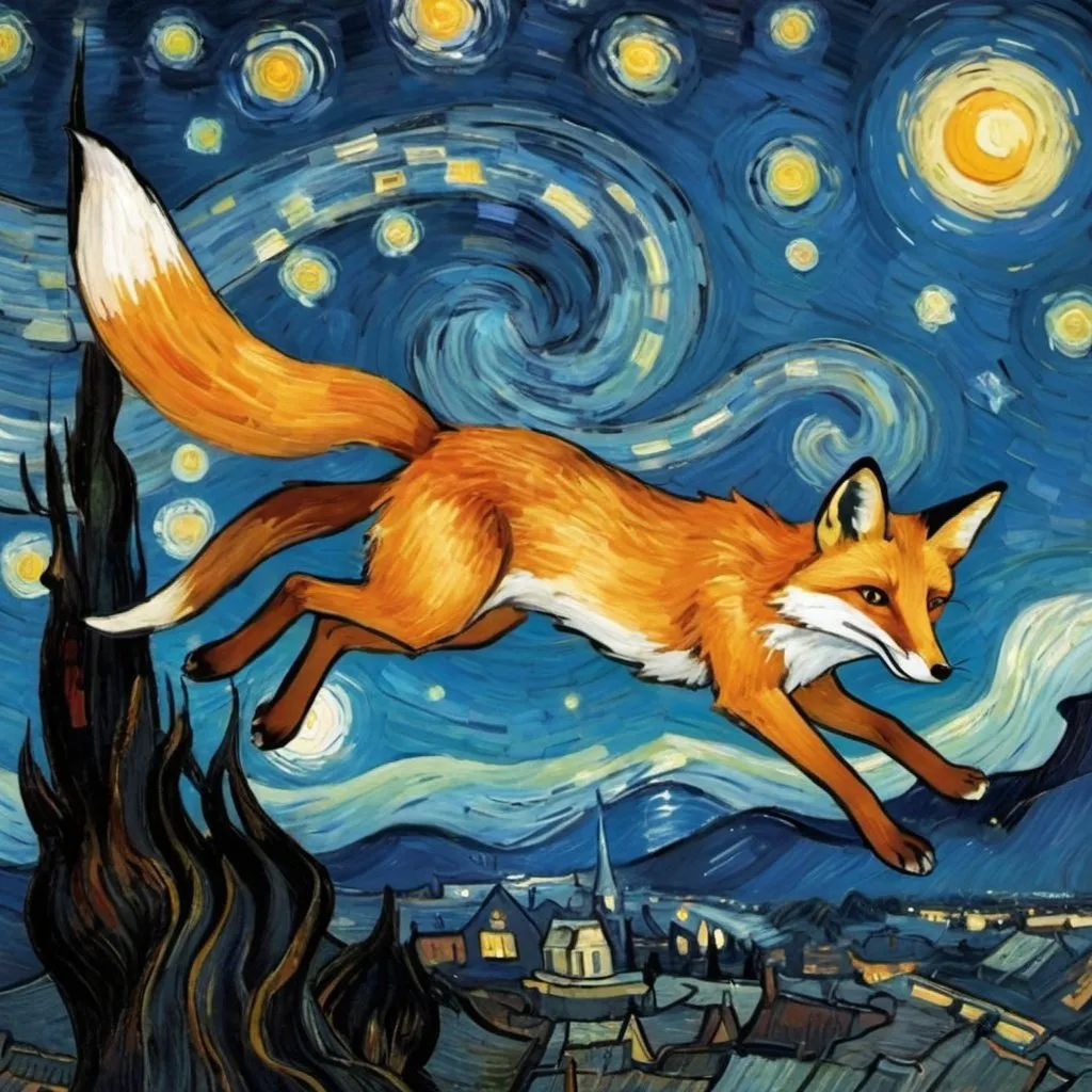 Prompt: a fox flying on a "magic carpet" in "The Starry Night" by Vincent van Gogh