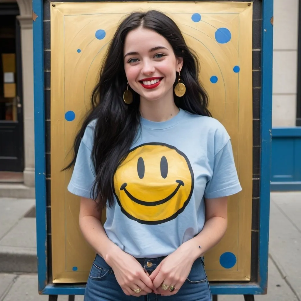 Prompt: a full-length portrait painting,
 27 year-old woman, 
cover with dark freckle,
 blue eyes, 
long black hair, 
red lipstick, 
a smile on her face, 
black-smiley-face-ON-gold-earrings,
standing on sidewalk chart art, 
smiley-face  t-shirt, 
long blue jean,
blue tennis shoes,
academic art, renaissance oil painting