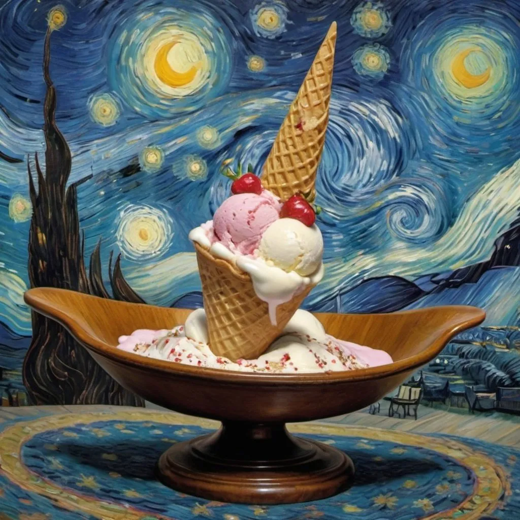 Prompt: A "ice cream sundae" flying on a "magic carpet" in "The Starry Night" by Vincent van Gogh