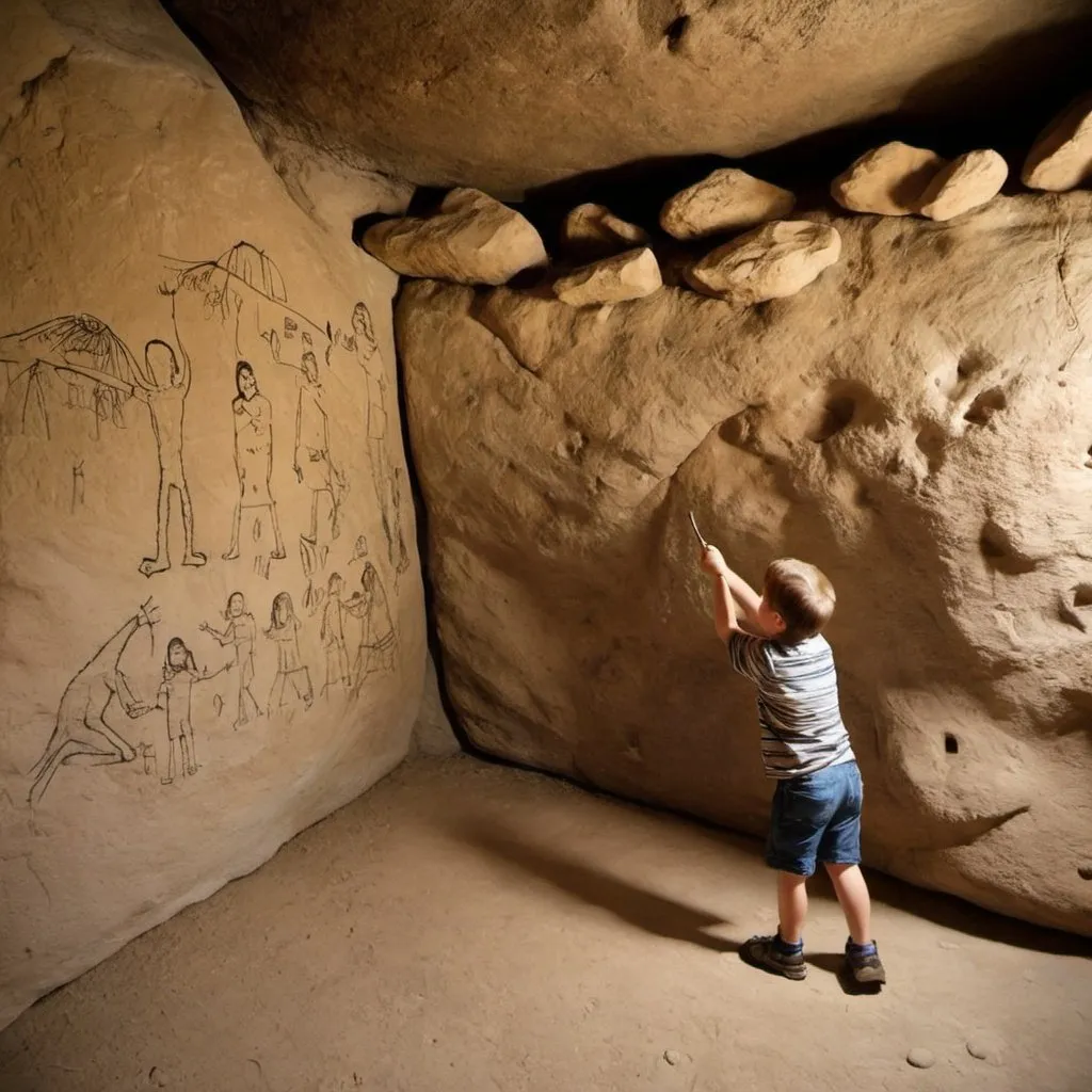 Prompt: On that day in the Paleolithic, a kid got punished for drawing on the wall of the family cave;
