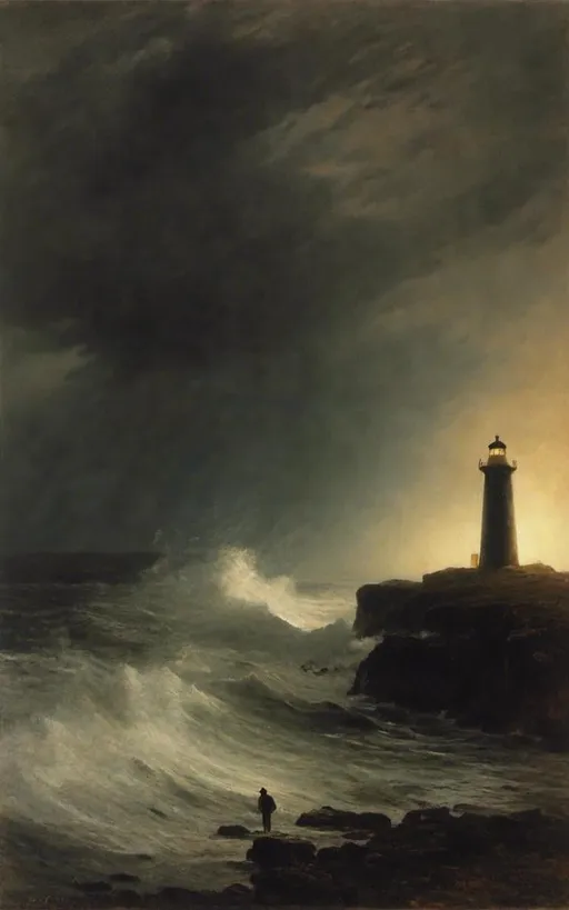 Prompt: a lone man black standing at a lighthouse at dusk in stormy and windy weather rain

<mymodel>