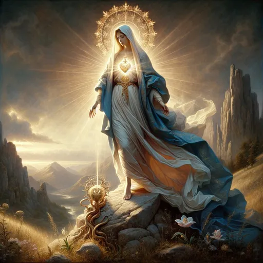 Prompt: Create a UHD, 64K, professional oil painting in the style of Carl Heinrich Bloch, blending influences from Flemish Baroque and traditional religious iconography. Depict the most holy Virgin Mary, full of grace, standing barefoot majestically on a rock. She is portrayed with a serene and compassionate expression, her gaze gently directed downward. Mary is dressed in flowing, celestial robes of blue and white, symbolizing purity and holiness. Her head is adorned with a delicate halo, radiating a soft, divine light. Her immaculate heart is prominently shown on her chest, glowing with a heavenly light, surrounded by a crown of thorns and topped with a small, radiant flame, symbolizing her love and sorrow. In the foreground, the rock she stands on is rugged and natural, contrasting with her ethereal presence. Wildflowers bloom at the base, symbolizing her connection to the earth and her role as a nurturing mother. A gentle, golden light bathes the scene, creating a sense of peace and reverence. Mary is shown stepping on the head of a serpent, symbolizing her triumph over sin and evil. The background features a serene landscape, with soft rolling hills and a tranquil sky painted in delicate hues of dawn or dusk, enhancing the sacred atmosphere. Angels can be subtly depicted in the clouds, looking down in adoration and veneration. The overall composition emphasizes the divine and immaculate nature of the Virgin Mary, her purity, and her role as the compassionate mother of humanity. The painting should evoke a deep sense of reverence, peace, and divine grace.