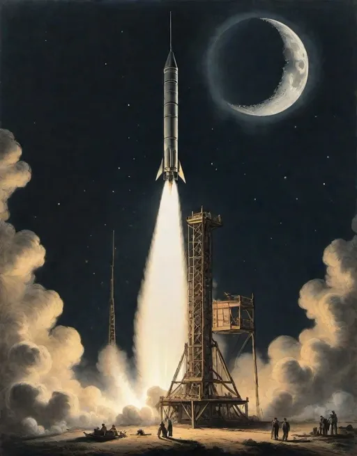 Prompt: an illustration of a rocket is being launched on a clear night with fire andsmoke billowing out of it's back end,
Alfred R. Waud,
american realism, 
set in 1860, 
an illustration of
moon lighting,
rembrandt lighting, 

