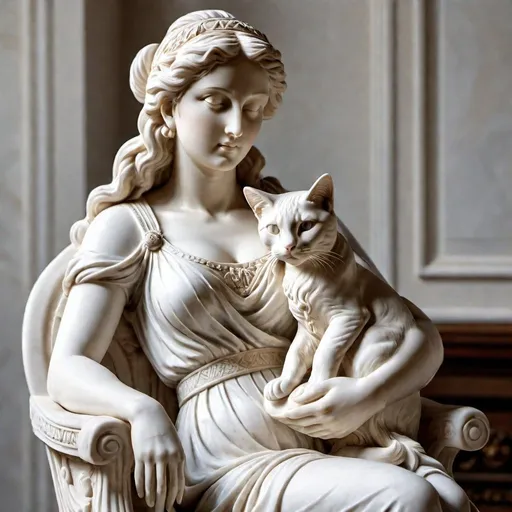 Prompt: Marble statue of  a woman sitting on a chair holding a cat in her lap,  high quality, classical sculpture, ancient Greek, detailed features, white marble, elegant pose, graceful, soft lighting, traditional, historical, realistic details, classical art, serene expression, lifelike, smooth curves, goddess-like, ancient beauty, classical, sophisticated, traditional sculpture, elegant, natural lighting