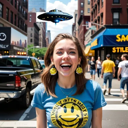 Prompt: photorealistic portrait of a [(27 year-old woman), (a smile on her face), ( smiley earrings), (smiley t-shirt), (long blue jean), ] in New York city, looking very excited at an attacking UFO