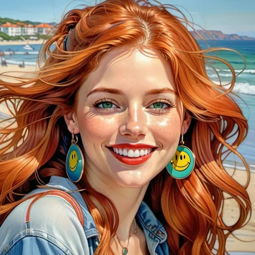 Prompt: photorealistic portrait of a [(27 year-old woman), (cover with dark freckle), (green eyes), (long ginger hair), (red lipstick), (a smile on her face), (earrings with a SMILEY face on it's earring hooks), (smiley face t-shirt), (long blue jean), (red and blue tennis shoes),] on the beach, looking very happy at an attacking UFO,