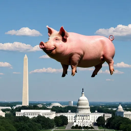 Prompt: pig flying over washington DC
