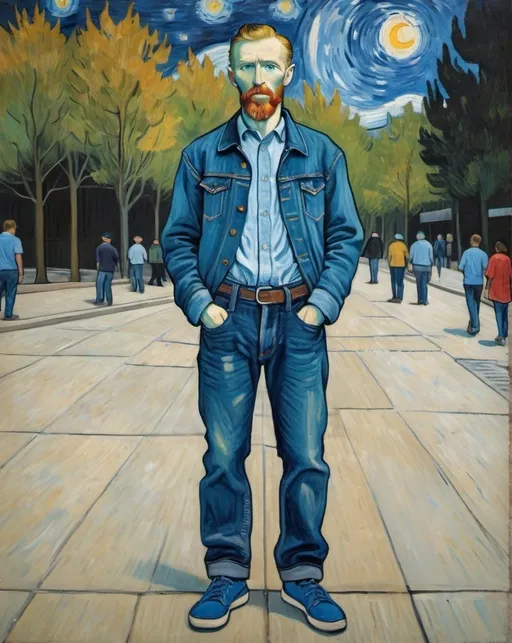 Prompt: a full-length portrait painting,
Vincent van Gogh,
standing on the sidewalk outside the 	Museum of Modern Art , 
Modern Art  souvenir t-shirt, 
long blue jean,
blue tennis shoes,
in the style of "The Starry Night" by Vincent van Gogh
