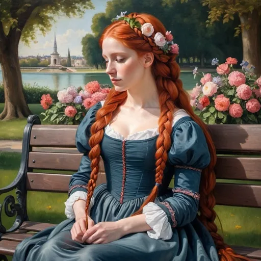 Prompt: Painting of a woman with long red hair in French braid sitting on a bench in a park wearing  and dress with flowers, renaissance oil painting, a painting