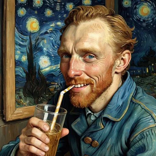 Prompt: Vincent van Gogh smiling while drinking through a straw stuck in an open glass bottle that is wrap in a brown paper, in  "The Starry Night" by Vincent van Gogh