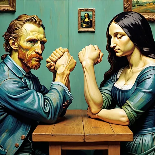 Prompt: "Vincent van Gogh" Arm wrestling   "Mona Lisa"