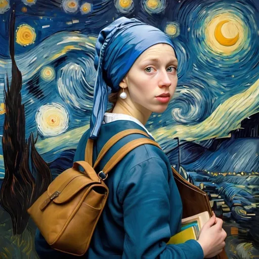 Prompt: Imagine 'The Girl with the Pearl Earring' in a rush, running late for a college class, set against the backdrop of Vincent van Gogh's 'The Starry Night.' Depict her hurrying through the swirling night sky, clutching her books and bag, with a mix of determination and fluster. Capture the contrast between the serene beauty of the starry night and the hurried pace of everyday life, blending classical art with a contemporary twist