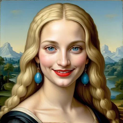 Prompt: a painting of Mona Lisa blue eyes  long blonde hair, red lipstick, on a smile on her face smiley earrings, with a green background and a blue sky, Fra Bartolomeo, academic art, renaissance oil painting, a painting
