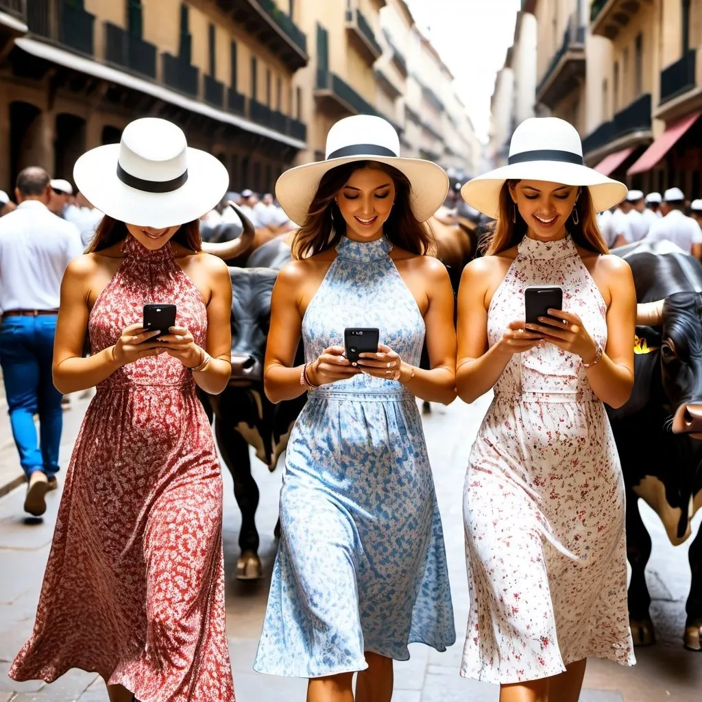 Prompt: three 21-year woman in (( long flower print Empire Dress with a high neck line and white hat))   looking at their phones the ((running of the bulls ))  together, one of them is looking at their phone, 