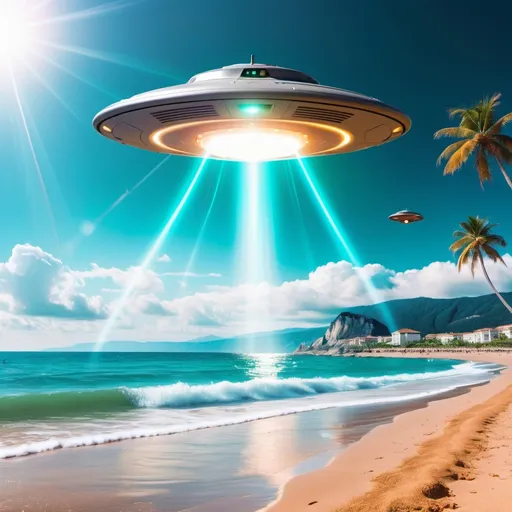 Prompt: background on the beach, while UFO is attacking










