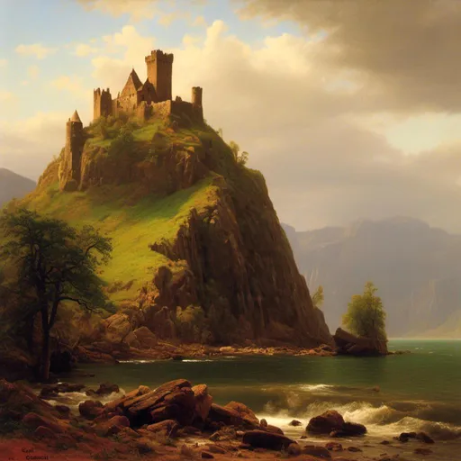 Prompt: <mymodel>Create a UHD, 64K, professional oil painting in the style of Albert Bierstadt,  Depict "The castle itself, though old and ruined in many parts"