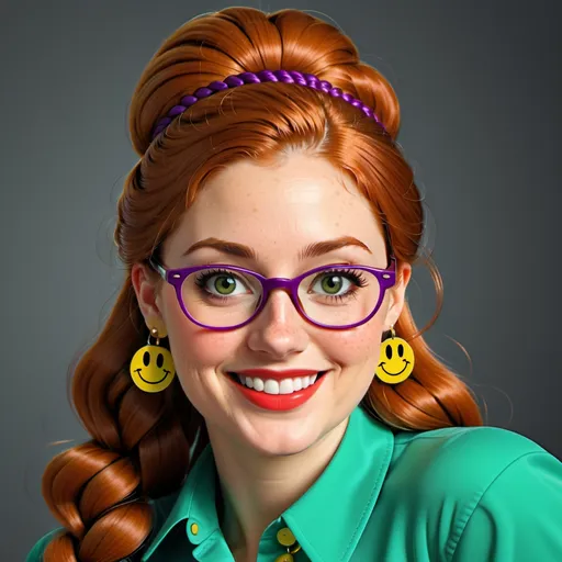 Prompt: 25-year-old woman with earrings 1970s smiley face yellow, green eyes. cover with dark freckle. long ginger hair ginger in a French braid. wearing lipstick red. broad rimmed eyeglasses purple .  yellow blouse, blue  slacks, photo, professional photo. Studio lighting, backlit, realistic lighting. hdr uhd 8k ultra-realistic render, 