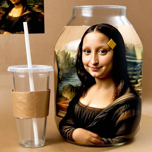 Prompt: Mona Lisa smiling while she is drinking   through a straw stuck in an open glass bottle wrap in a brown paper.