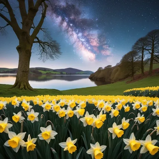 Prompt: a field of daffodils with a star filled sky, I wandered lonely as a cloud That floats on high o'er vales and hills When all at once I saw a crowd A host  of golden daffodils Beside the lake  beneath the trees Fluttering and dancing in the breeze Continuous as the stars that shine And twinkle on the milky way They stretched in never-ending line Along the margin of a bay Ten thousand saw I at a glance Tossing their heads in sprightly dance The waves beside them danced  but they Out-did the sparkling waves in glee A poet could not but be gay In such a jocund company I gazed—and gazed—but little thought What wealth the show to me had brought For oft  when on my couch I lie In vacant or in pensive mood They flash upon that inward eye Which is the bliss of solitude And then my heart with pleasure fills And dances with the daffodils,I Wandered Lonely as a Cloud, William Wordsworth, David Martin, naturalism, award - winning photo, a matte painting