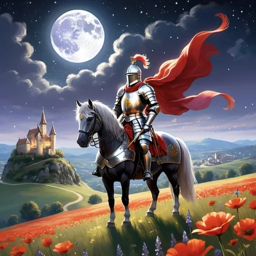 Prompt: A knight standing on a hilltop under a moonlit sky. The knight is clad in silver armor with an ornate sword held aloft, reflecting the moonlight. His shield with a golden lion emblem rests by his side. The helmet, adorned with red and gold feather plumes, is under his arm, revealing his noble face. The hill is covered in wildflowers like lavender, poppies, and daisies swaying in the breeze. Below, a serene medieval village with thatched rooftops and winding cobblestone streets lies quiet. In the background, a grand castle's silhouette rises against the starry sky, its towers and turrets bathed in an ethereal glow. A banner with the knight's crest flutters from the highest tower. Fireflies dance in the air, adding a touch of magic. The scene evokes peaceful vigilance and anticipation of new adventures