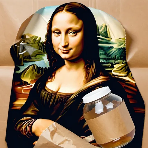 Prompt: Mona Lisa smiling while drinking from a open glass bottle wrap in a wrinkled brown paper.