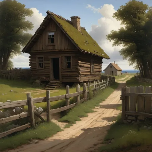 Prompt: "The small wooden house, with its shingled roof and faded paint, stood at the end of a dirt road, surrounded by a makeshift fence."

Stephen Crane, Maggie: A Girl of the Streets (1893)


 Andreas Achenbach, american scene painting, Albert Bierstadt, an oil painting