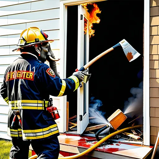 Prompt: A painting profile view of an anthropomorphic elephant as firefighter, suit firefighter suit helmet on using an ax to chop a door of a home that is on fire.