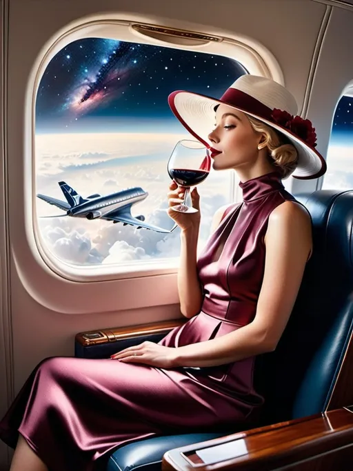 Prompt: a 21-year-old woman in a long flower print Empire Dress with a high neck line and white hat sitting on an airplane seat with a hat on her head drinking red wine,  and the Andromeda Galaxy  in the background with a window, Annie Leibovitz, precisionism, promotional image, an art deco painting  drinking red wine,