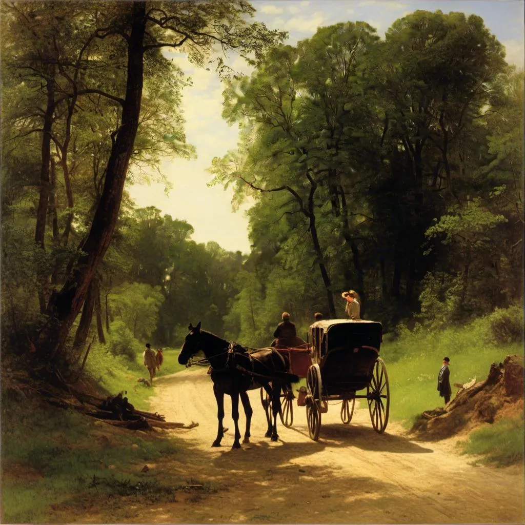 Prompt: <mymodel>a painting of a horse drawn carriage on a dirt road in a wooded area with a man on a horse, Carl Heinrich Bloch, american scene painting, set in 1860, an oil painting