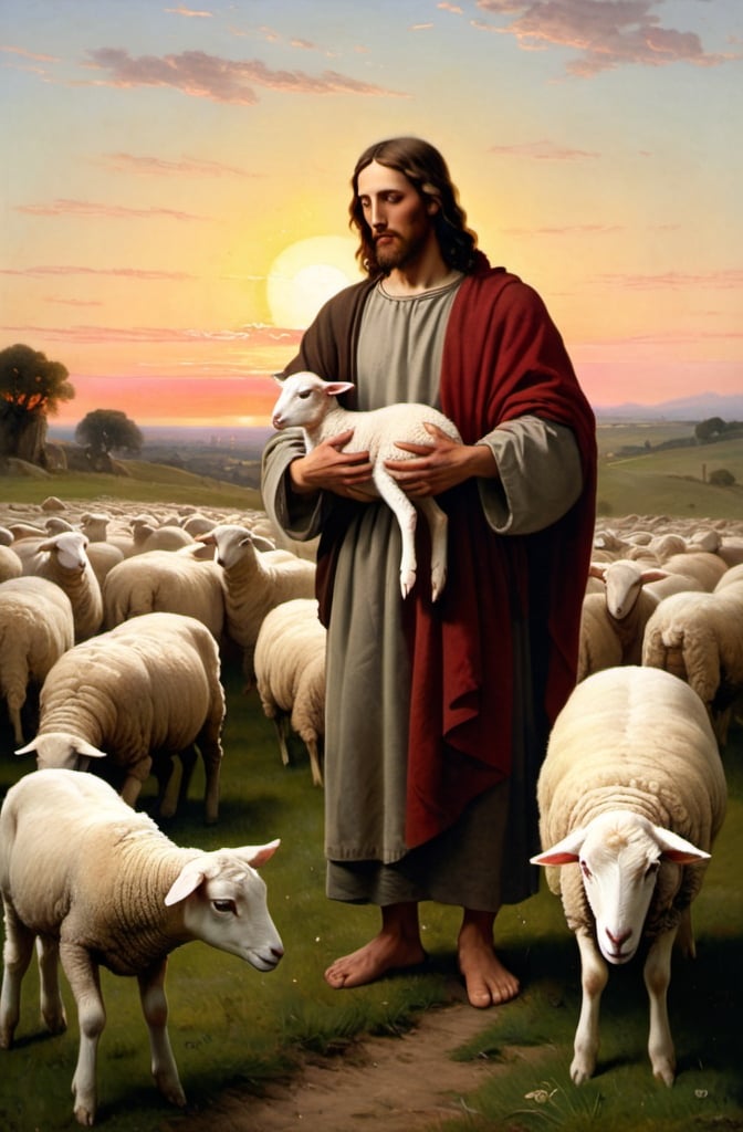 Prompt: a painting of jesus holding a lamb in a field of sheep with a sunset in the background and a shepherd in the foreground, Carl Heinrich Bloch, american barbizon school, bouguereau, a pointillism painting