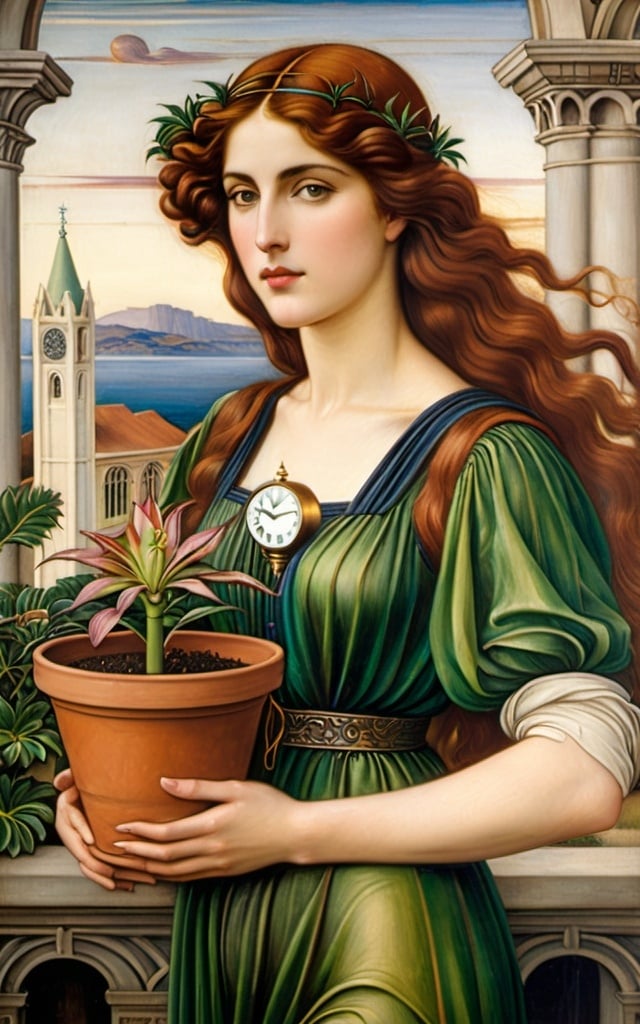 Prompt: a painting of a woman holding a potted plant in her hands and a clock tower in the background, Evelyn De Morgan, pre-raphaelitism, pre - raphaelite, an art deco painting