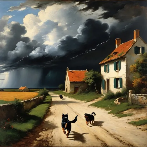 Prompt: a  painting of a scene from a cat's dream,
the cat chasing a very large rottweiler running away from the cat on a dirt road with a house in the background and a storm cloud in the sky, , 
Gustave Courbet,
oil painting,
UHD,
64K