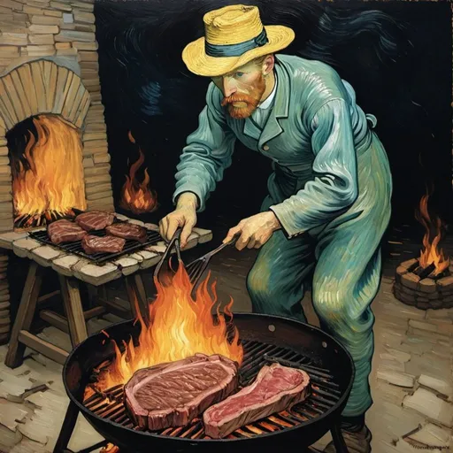 Prompt:  "Vincent van Gogh" grilling a steak over fire