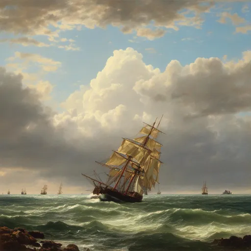 Prompt: <mymodel>a painting of a ship in the ocean with other ships in the background and clouds in the sky above, Fitz Hugh Lane, hudson river school, highly detailed oil painting, a detailed matte painting