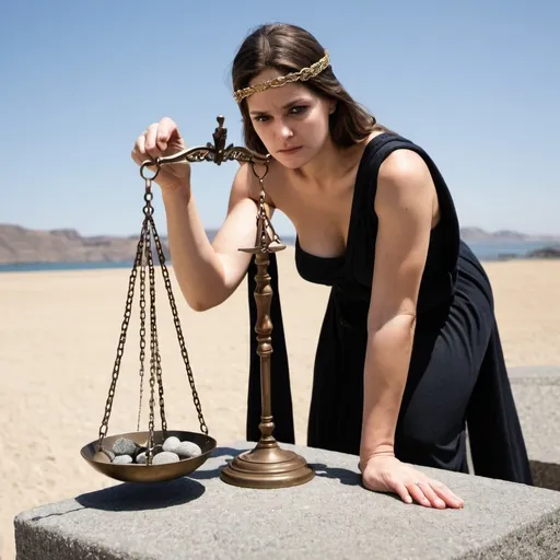 Prompt: Lady justice blindfolded in robe and holding scales one scale has rocks the other scale has nothing