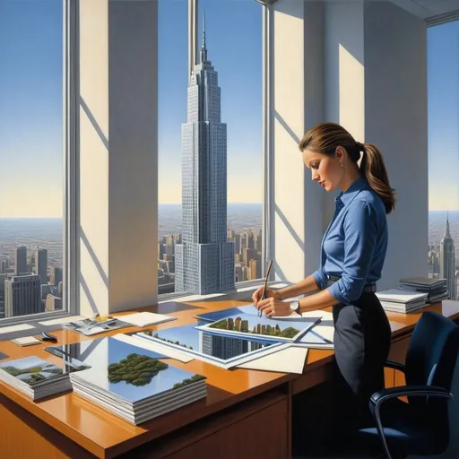 Prompt: painting of a woman working in  an office as an architect designing a skyscraper, David Ligare, precisionism, giantess art, a hyperrealistic painting