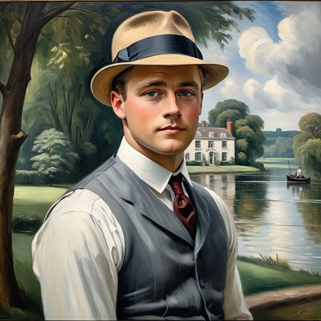 Prompt: Create a UHD, 64K, professional oil painting in the style of John Constable, Romanticism, depict the fictional character depict  the fictional character Jay Gatsby (by F. Scott Fitzgerald, 1925)