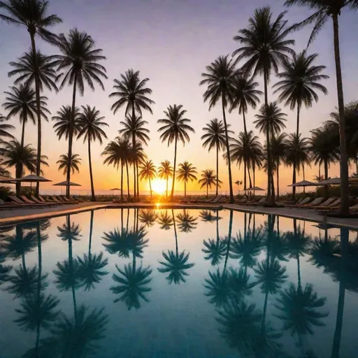 Prompt: a pool surrounded by palm trees and a sunset in the background with a reflection of the sun in the water, Chris LaBrooy, dau-al-set, palm trees, a picture