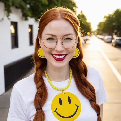 Prompt: the woman is 25-year-old, green eyes. cover with dark freckle. long ginger hair ginger in a French braid. wearing lipstick red. broad rimmed eyeglasses purple.

the is  woman wearing a WHITE t-shirt. 

the WHITE  t-shirt has the classic  1970s  yellow smiley face on it.

 the woman is wearing  earrings.

the earrings  has the classic  1970s  yellow smiley face on them.

 the woman is wearing   blue jean, and tennis shoes.

the woman is  standing on her feet on a sidewalk
 