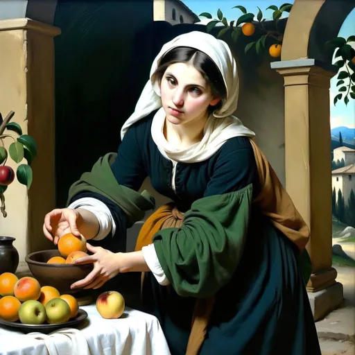 Prompt: Create a professional oil painting in the styles of Carl Heinrich Bloch, the American Barbizon School, William-Adolphe Bouguereau, and Flemish Baroque art. Depict a young woman in a serene, rustic setting, engaged in a domestic task, wearing a traditional 19th-century dress.

Subject: A young woman in a rural setting, arranging a bowl of oranges and apples on a wooden table covered with a white cloth.

Dress Description:

Overlay: Black dress with a fitted bodice.
Undershirt: White, with large, puffed sleeves gathered at the wrists, visible at the neckline and cuffs.
Skirt: Part of the black dress, long and full.
Details: Green accent fabric visible under the black sleeves. White headscarf tied loosely, covering her hair.
Composition: Position the woman centrally, leaning over the table, hands gently touching the fruit. Her expression should be serene and focused.

Background: Rustic interior with an arched doorway opening to a lush green landscape, including rolling hills, distant trees, and a bright blue sky with soft white clouds.

Lighting: Use chiaroscuro with light coming from the right, illuminating her face and hands, casting soft shadows on the table and fruit. The background should have gentle, natural light contrasting with the darker interior.

Detail and Realism: Emphasize textures and details of the dress, fruit, and setting. Ensure the fabric looks realistic with visible folds. The fruit should appear fresh and vibrant.

Color Palette: Rich, deep tones. The black dress contrasts with the white undershirt and headscarf. The fruit should be vibrant oranges and apples. The background should have earthy tones and lush greens.

Atmosphere: Calm and reflective, capturing a timeless moment of simplicity and beauty in rural life.

This rephrased prompt should help the AI tool to clearly understand the specifics of the dress and scene, ensuring accurate representation.