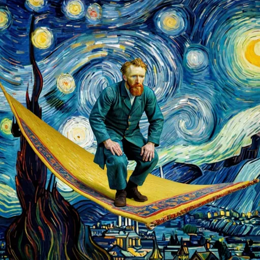 Prompt: "Vincent van Gogh"  flying on a "magic carpet" in "The Starry Night"
