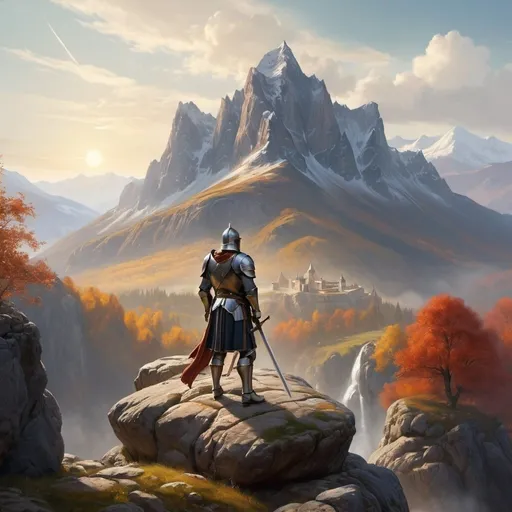 Prompt: a painting of a brave knight, standing on a rock with a sword in his hand,  mountain in the background, matte painting, a matte painting