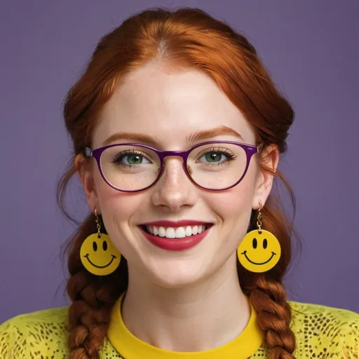 Prompt: 25-year-old woman with earrings 1970s smiley face yellow, green eyes. cover with dark freckle. long ginger hair ginger in a French braid. wearing lipstick red. broad rimmed eyeglasses purple .  yellow blouse, photo